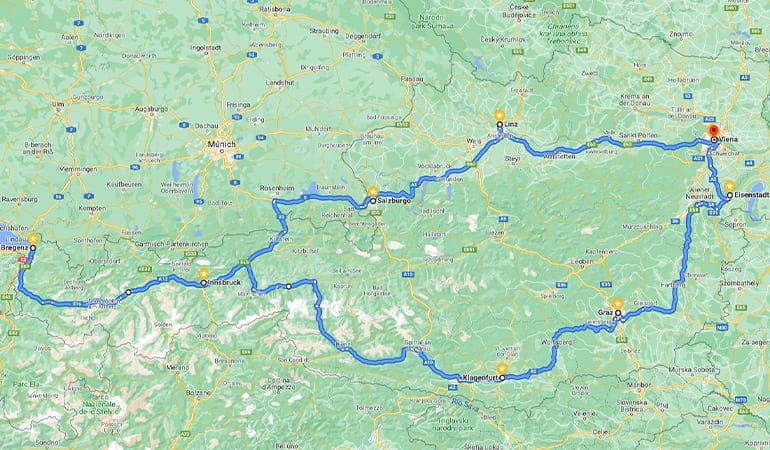 mapa de la ruta por Austria