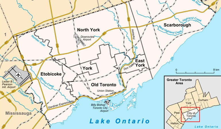 mapa de zonas donde alojarse en Toronto